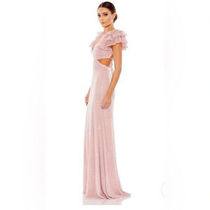 Mac Duggal Sequined Ruffled Cut Out Lace Up Gown in Rose